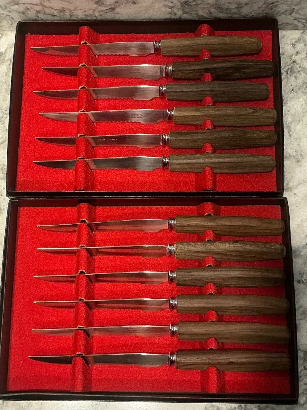 2 Vintage Boxes Hoffritz set of 6 wooden handle serrated steak knives 12 total